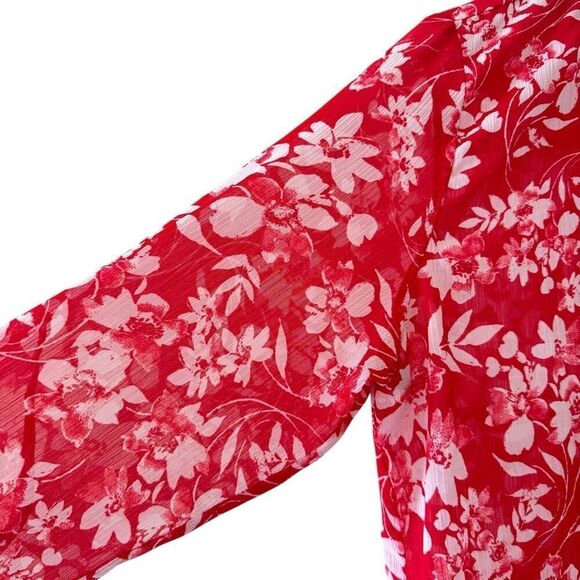 Kut From The Kloth Red White Floral Sheer Lightweight Down Rolling SZ L #2457 - Picture 4 of 12
